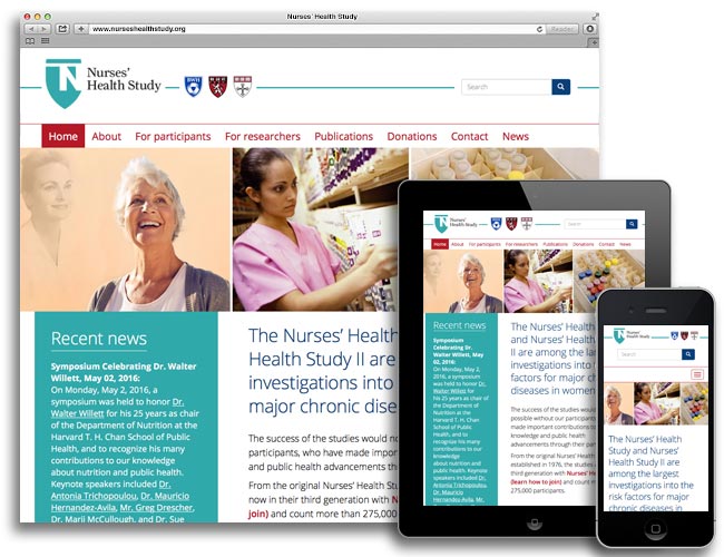 Desktop, tablet, and mobile views of the Nurses' Health Study website homepage