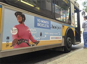 I Bike Boston billboard, a communication campaign to address health disparities